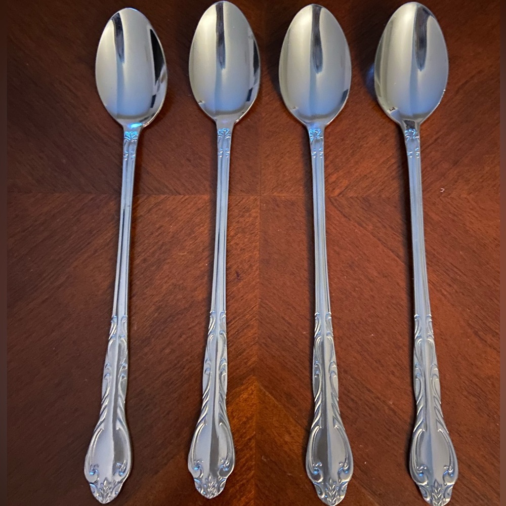 F.B. Rogers Stainless Korea Scrolls Iced Tea Spoons - 4 New